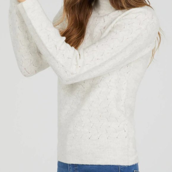 Fall Winter Pointelle Knit Crew Mock Neck Long Sleeve Sweater Top in Cream (M) - Picture 2 of 5
